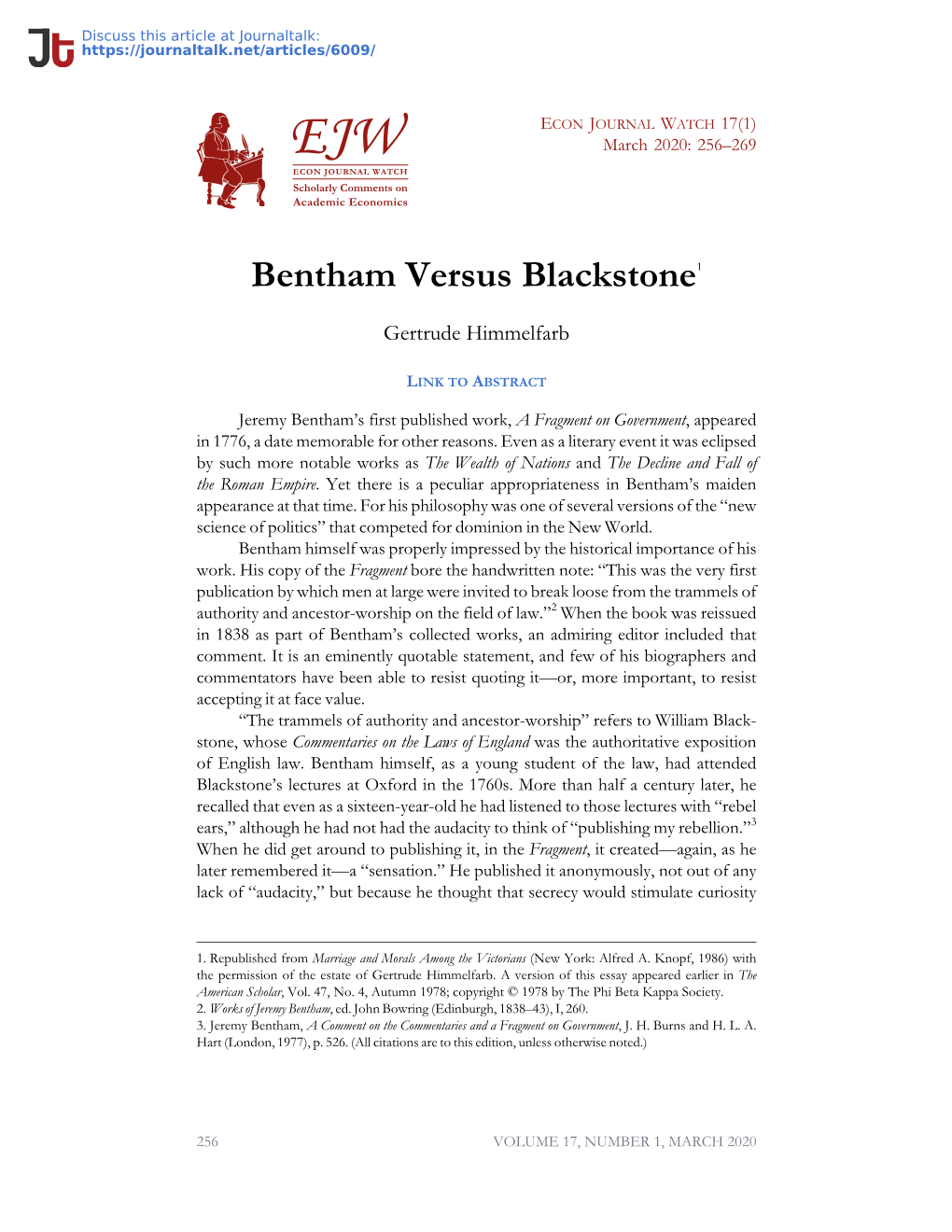 Bentham Versus Blackstone · Econ Journal Watch