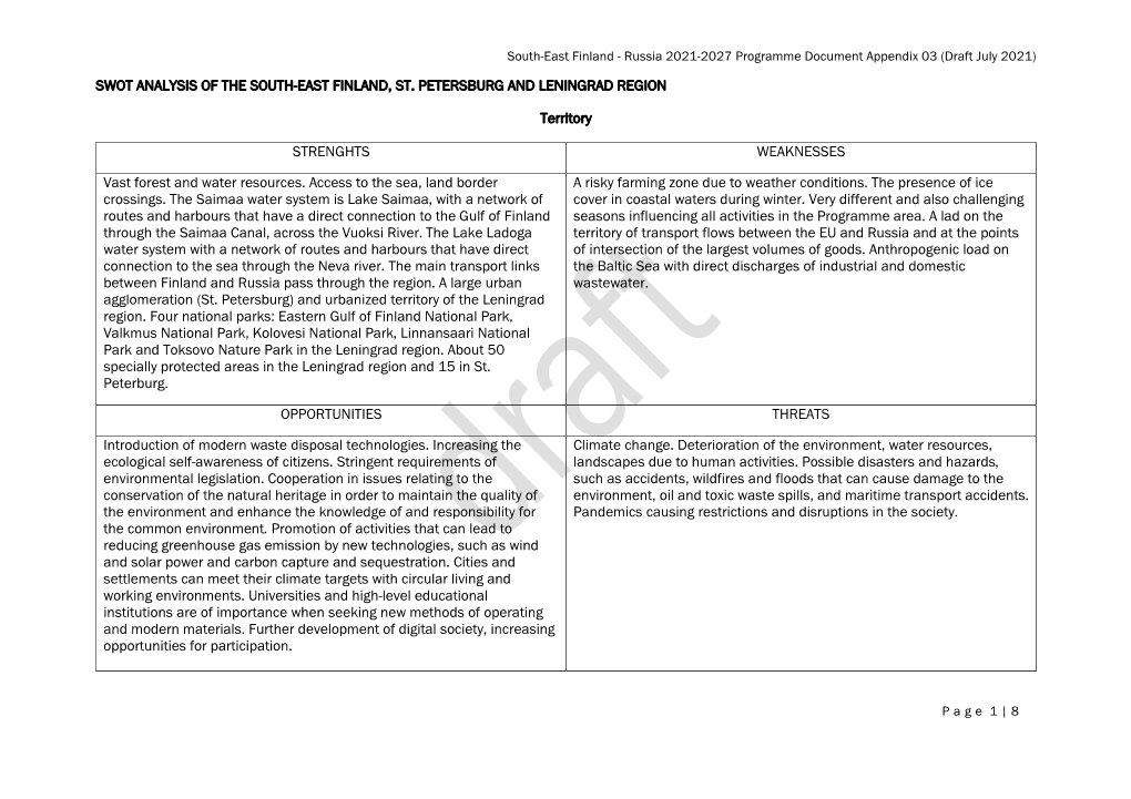 Programme Document Appendix 03 (Draft July 2021) SWOT ANALYSIS of the SOUTH-EAST FINLAND, ST