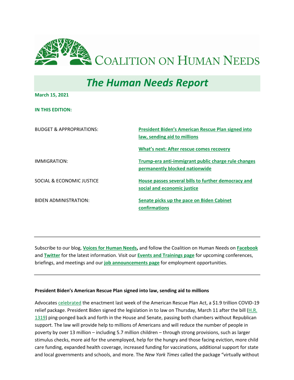 The Human Needs Report March 15, 2021