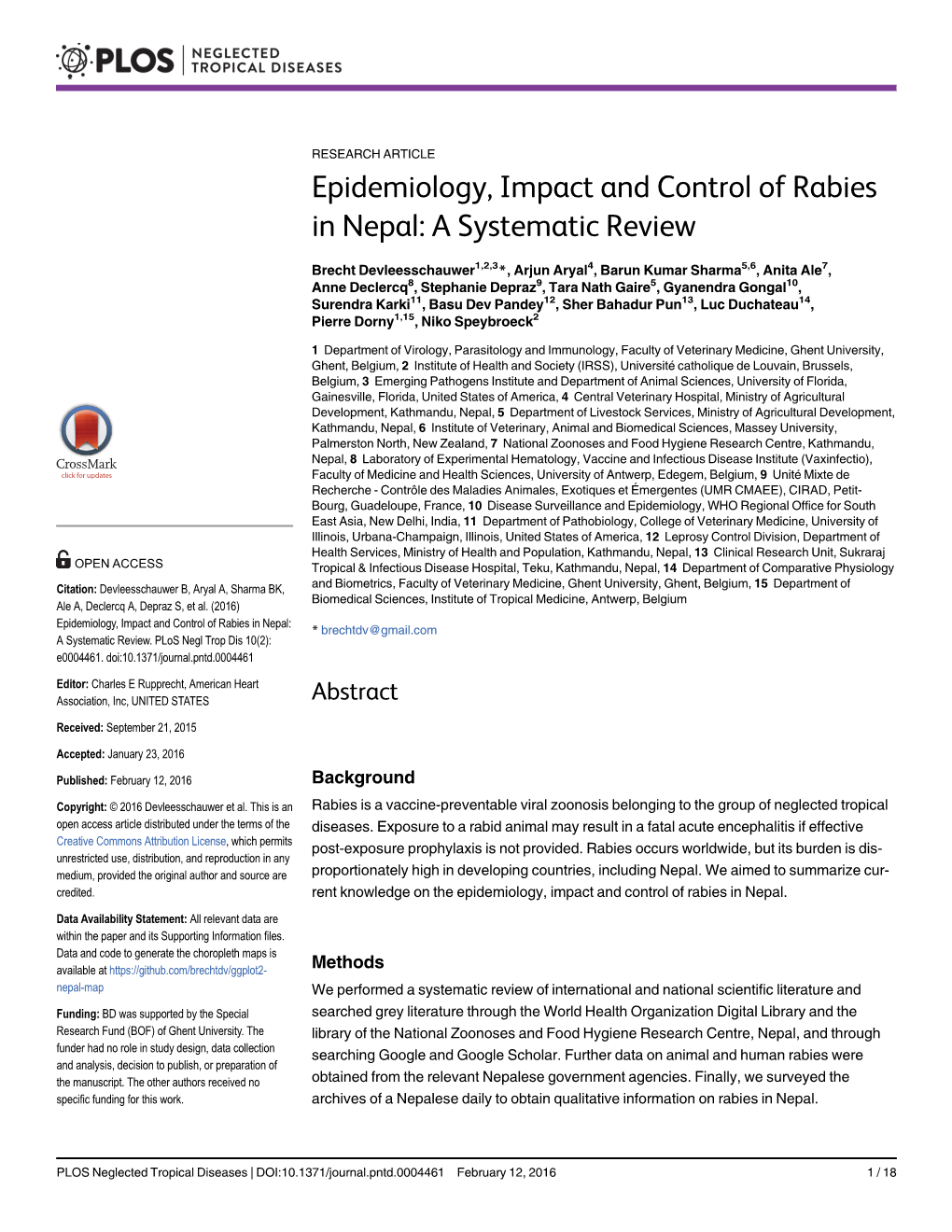 Epidemiology, Impact and Control of Rabies in Nepal: a Systematic Review