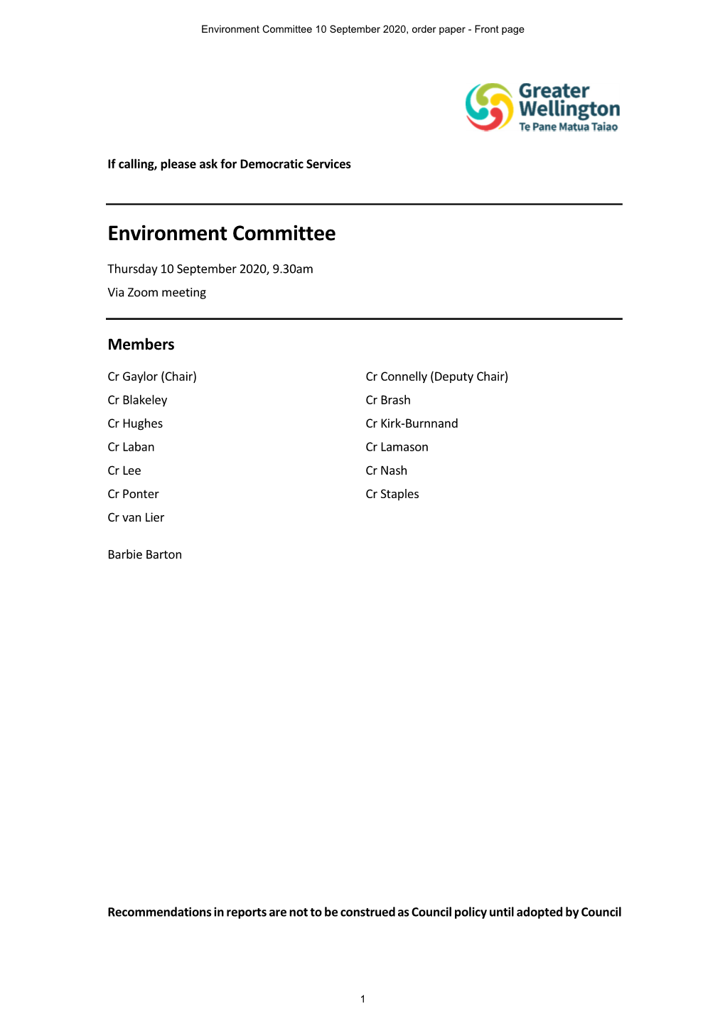 Environment Committee 10 September 2020, Order Paper - Front Page