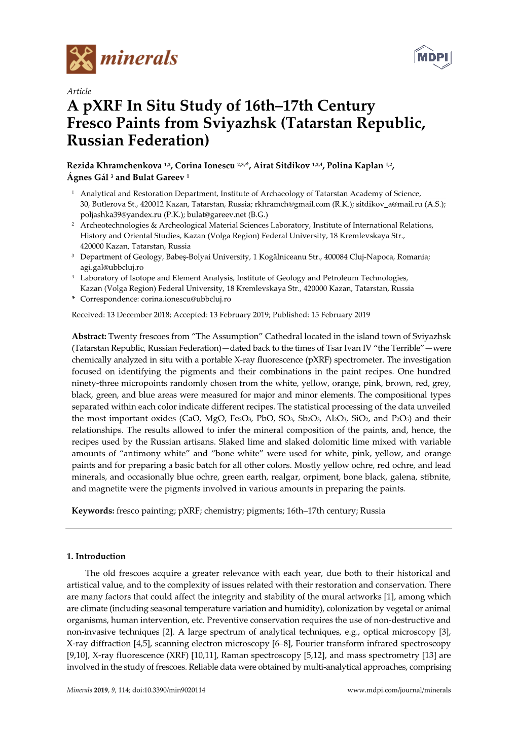 A Pxrf in Situ Study of 16Th–17Th Century Fresco Paints from Sviyazhsk (Tatarstan Republic, Russian Federation)