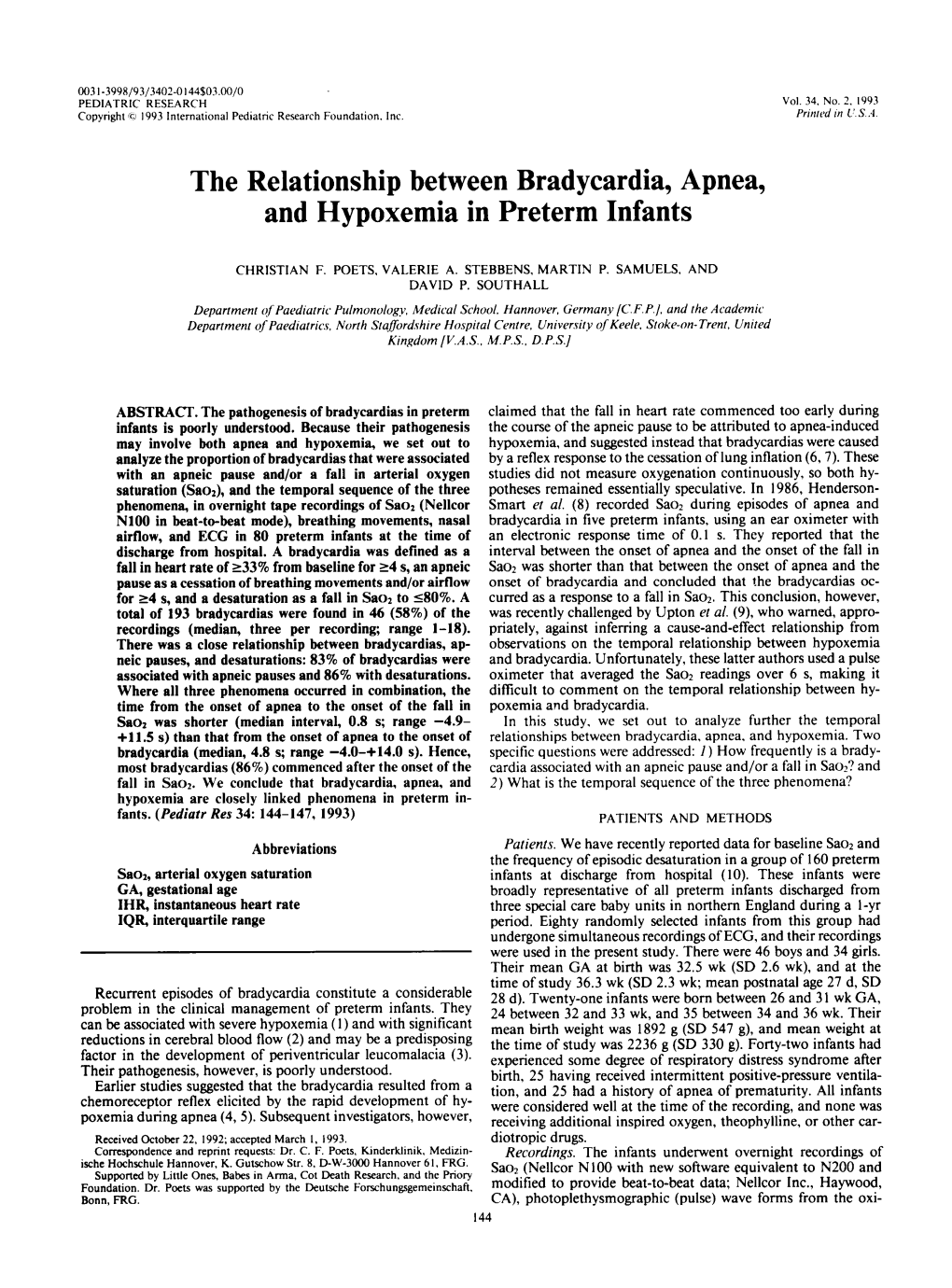 The Relationship Between Bradycardia, Apnea, and Hypoxemia in Preterm Infants