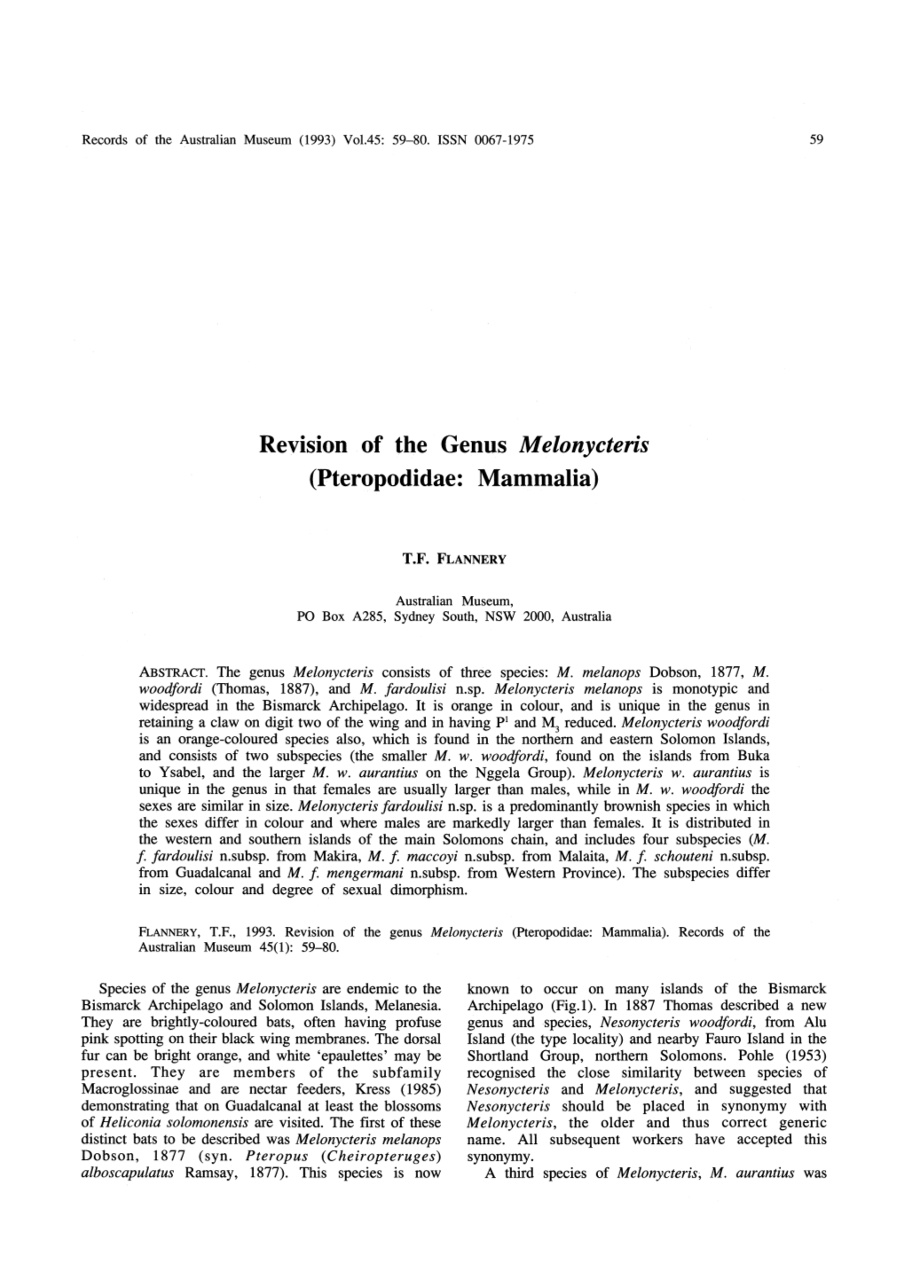 &lt;I&gt;Melonycteris&lt;/I&gt; (Pteropodidae: Mammalia)