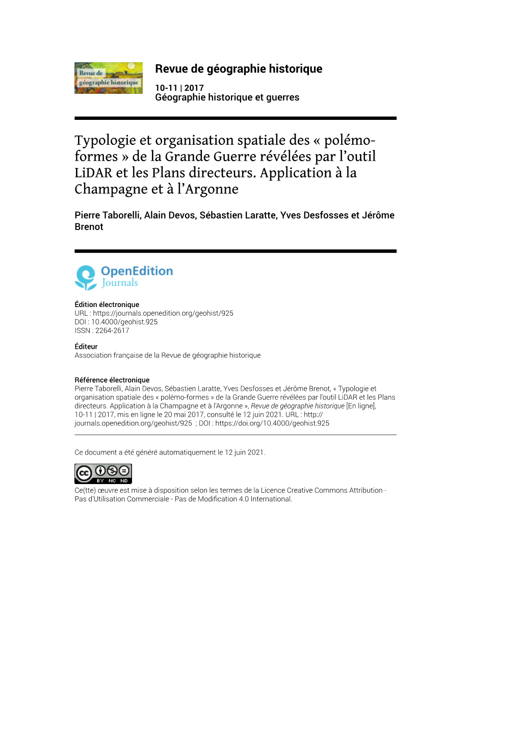 Revue De Géographie Historique, 10-11 | 2017 Typologie Et Organisation Spatiale Des « Polémo-Formes » De La Grande Guerre