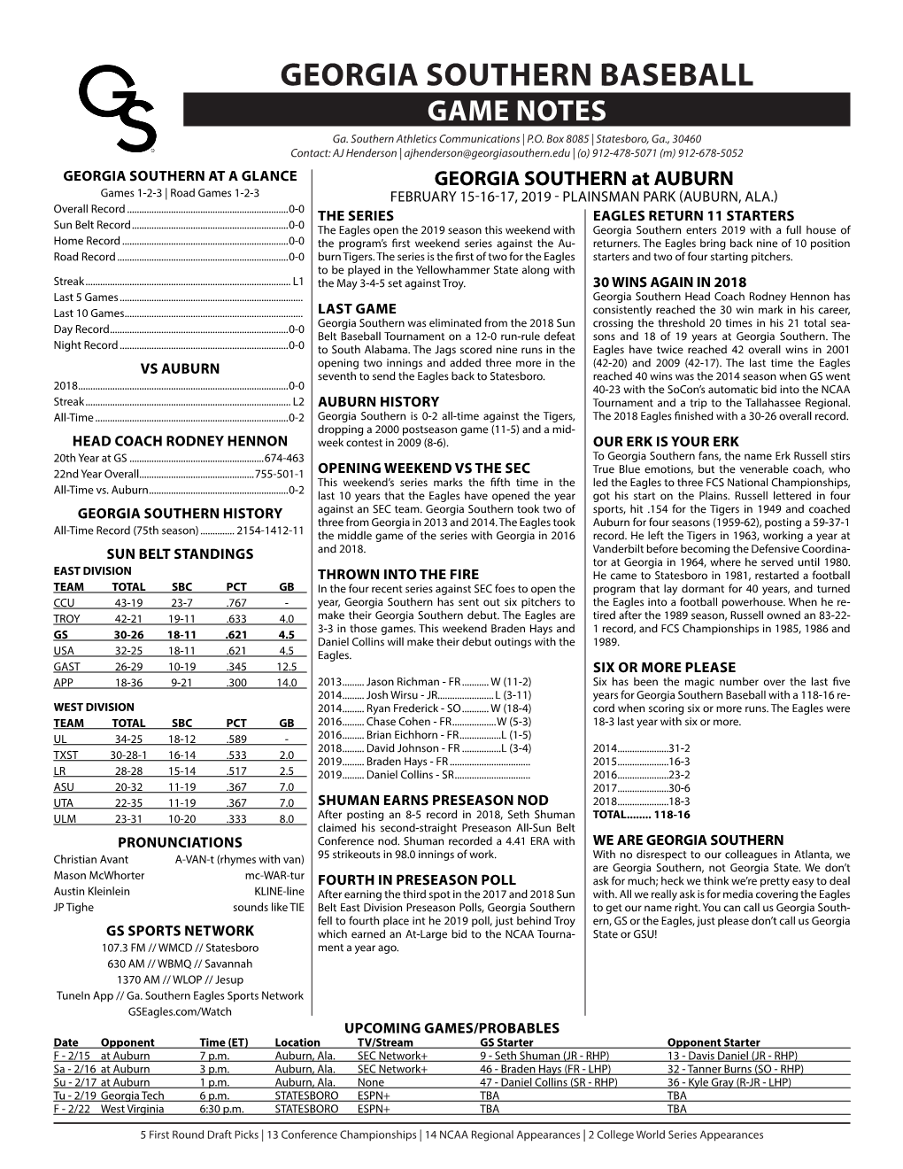 GEORGIA SOUTHERN BASEBALL GAME NOTES Ga