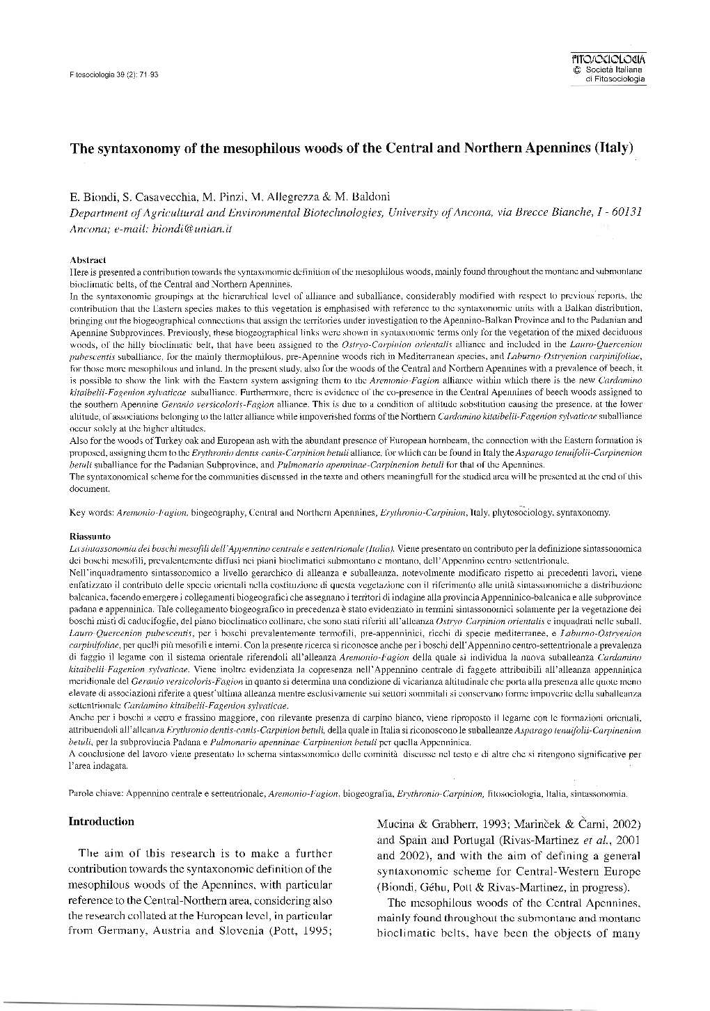 The Syntaxonomy of the Mesophilous Woods of the Central and Northern Apennines (Italy)