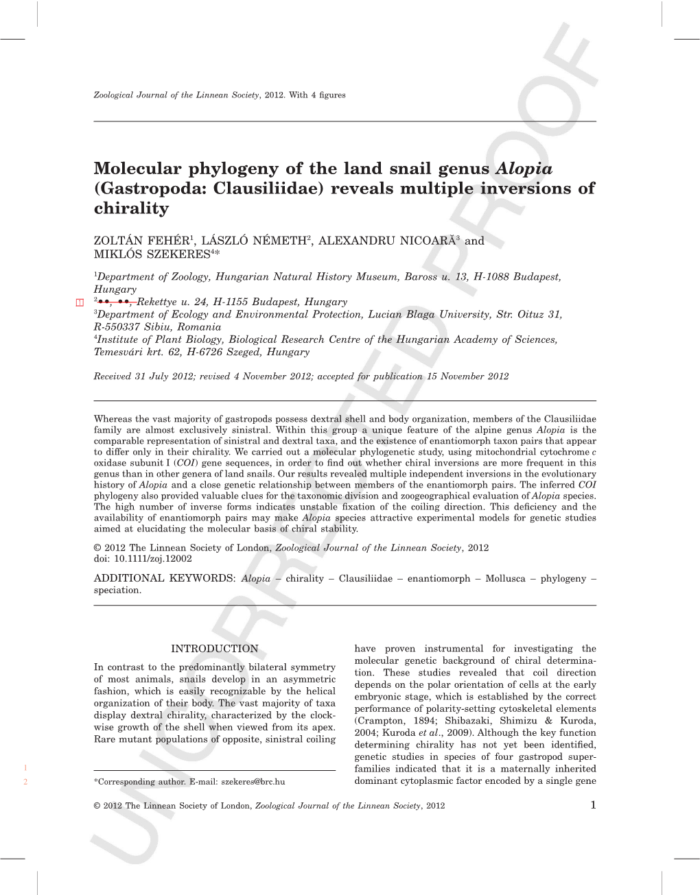 Molecular Phylogeny of the Land Snail Genus Alopia (Gastropoda: Clausiliidae) Reveals Multiple Inversions of Chirality