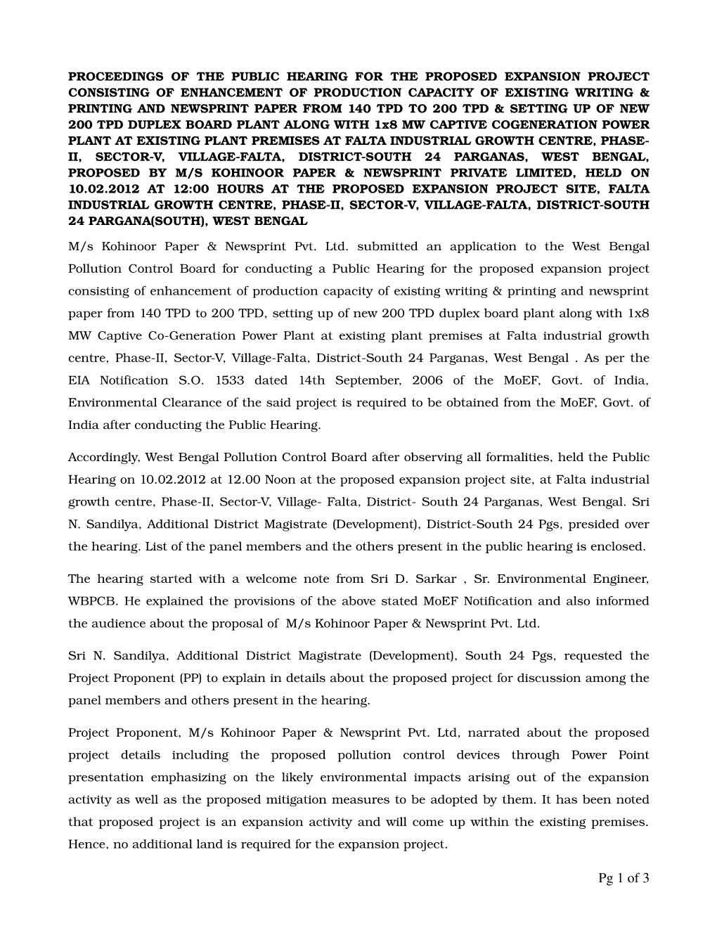 Proceedings of the Public Hearing of M/S Kohinoor Paper & Newsprint