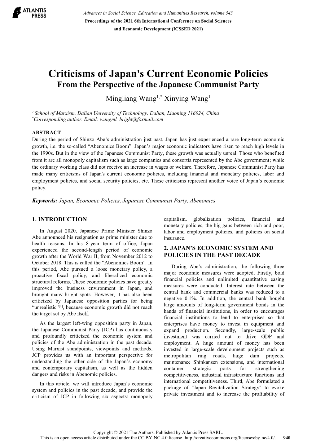 Criticisms of Japan's Current Economic Policies from the Perspective of the Japanese Communist Party Mingliang Wang1,* Xinying Wang1