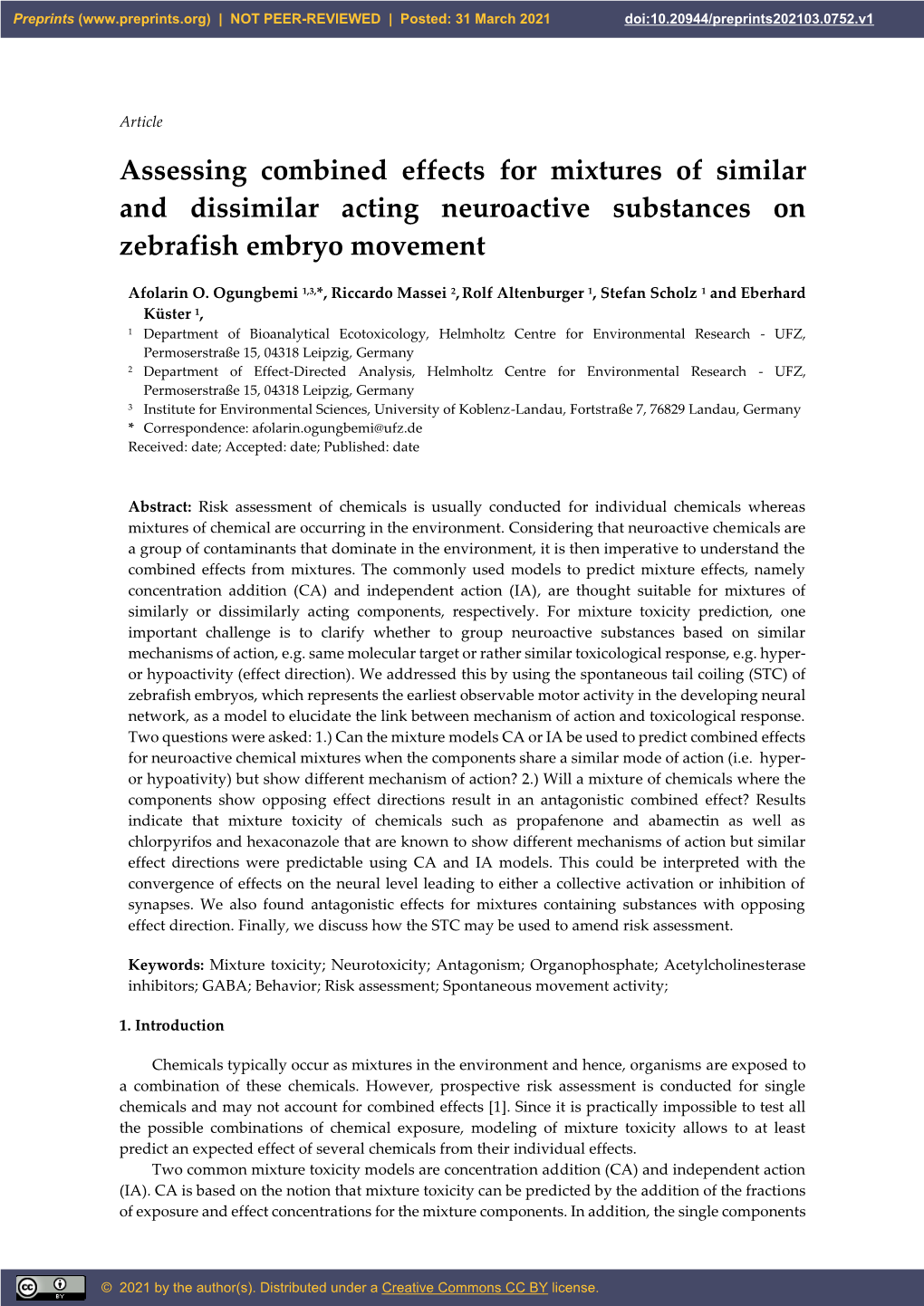 Assessing Combined Effects for Mixtures of Similar and Dissimilar Acting Neuroactive Substances on Zebrafish Embryo Movement