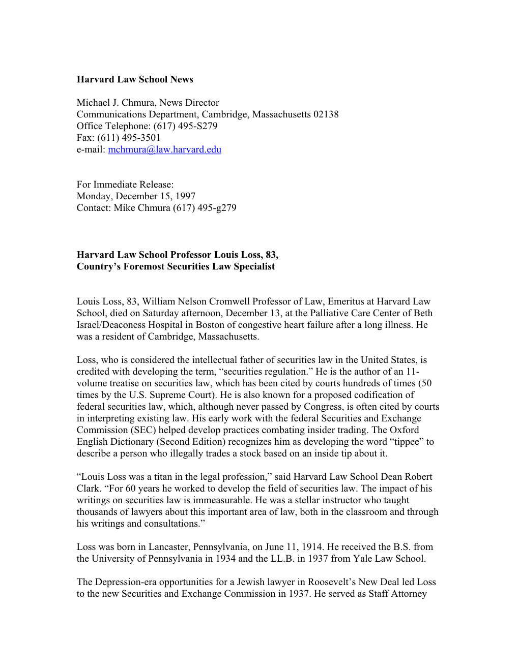 Harvard Law School Press Release on Death of Professor Louis Loss