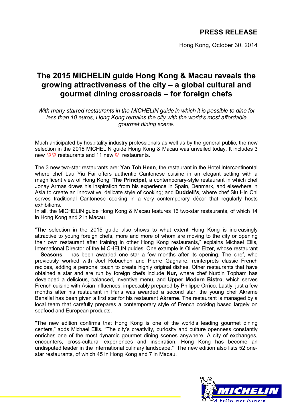 The 2015 MICHELIN Guide Hong Kong & Macau Reveals the Growing