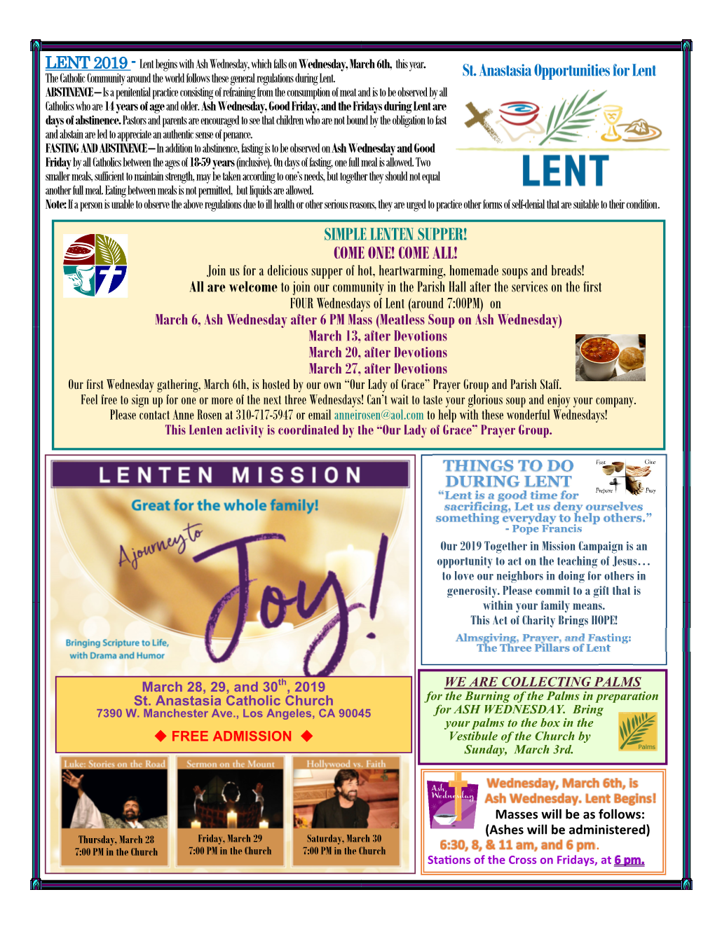 SIMPLE LENTEN SUPPER! COME ONE! COME ALL! St. Anastasia