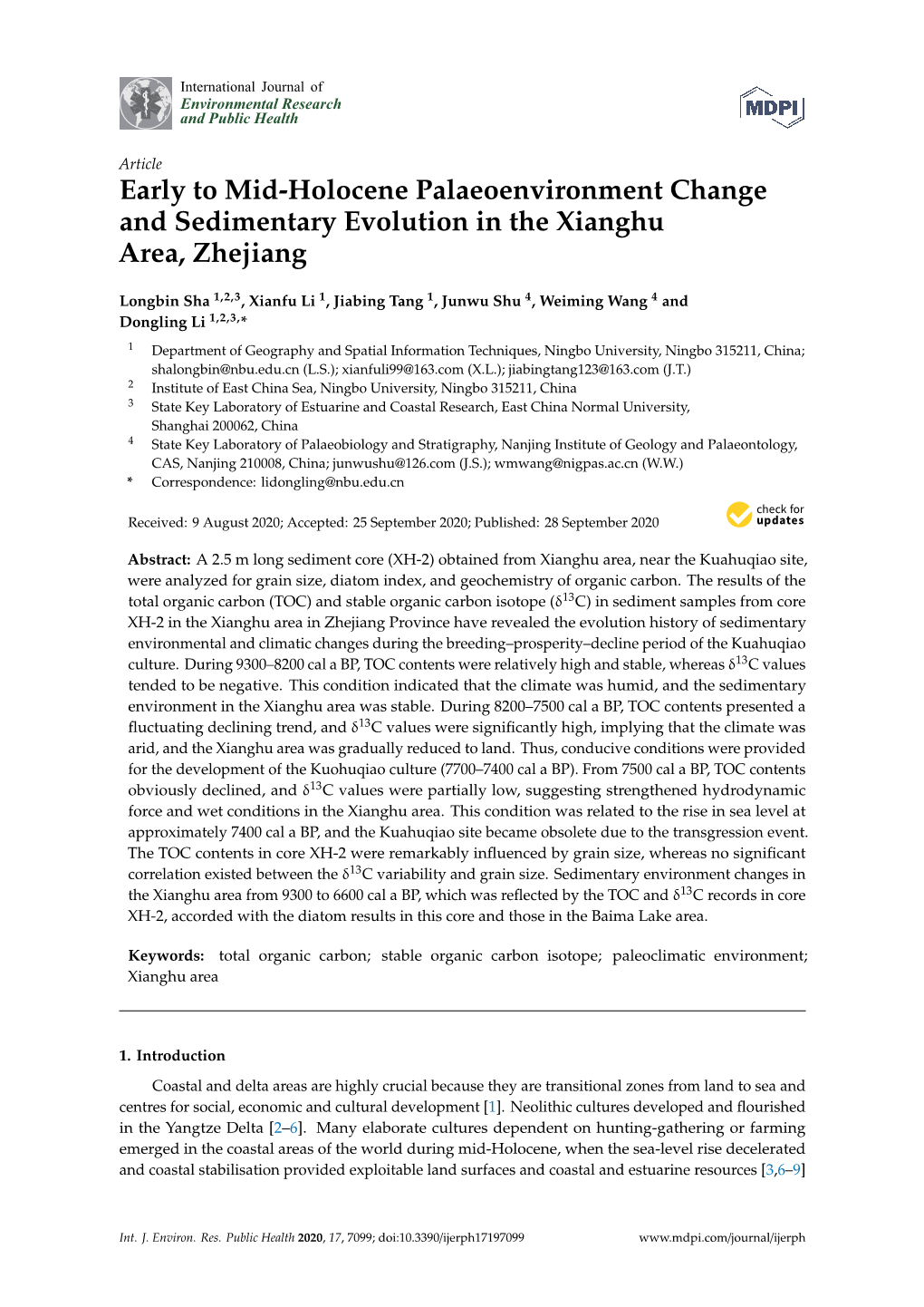 Early to Mid-Holocene Palaeoenvironment Change and Sedimentary Evolution in the Xianghu Area, Zhejiang