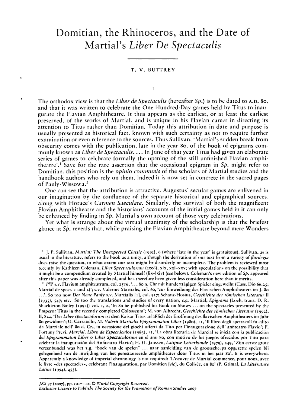 Domitian, the Rhinoceros, and the Date of Martial's Libel' De Spectaculis