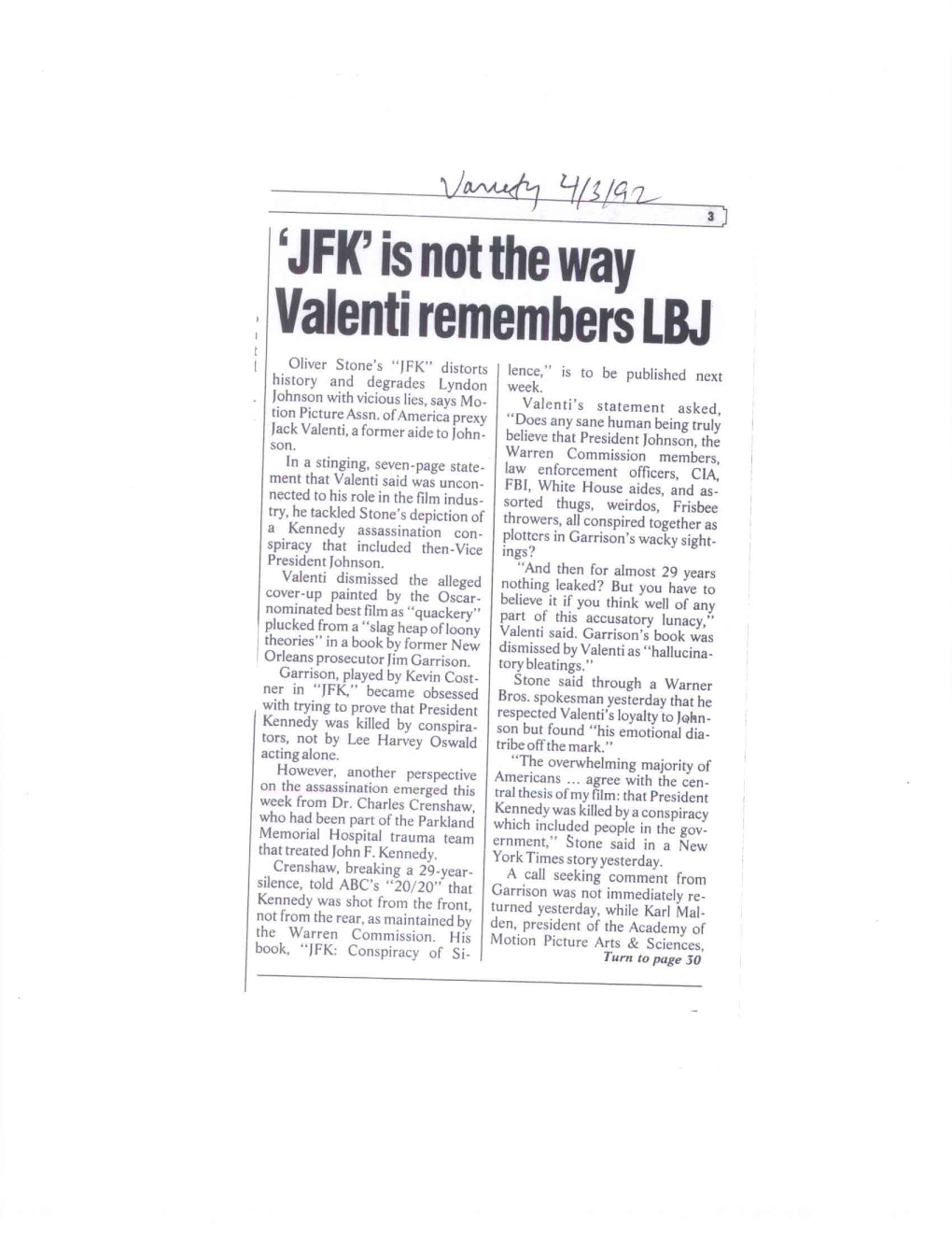`JFK' Is Not the Way Valenti Remembers LBJ