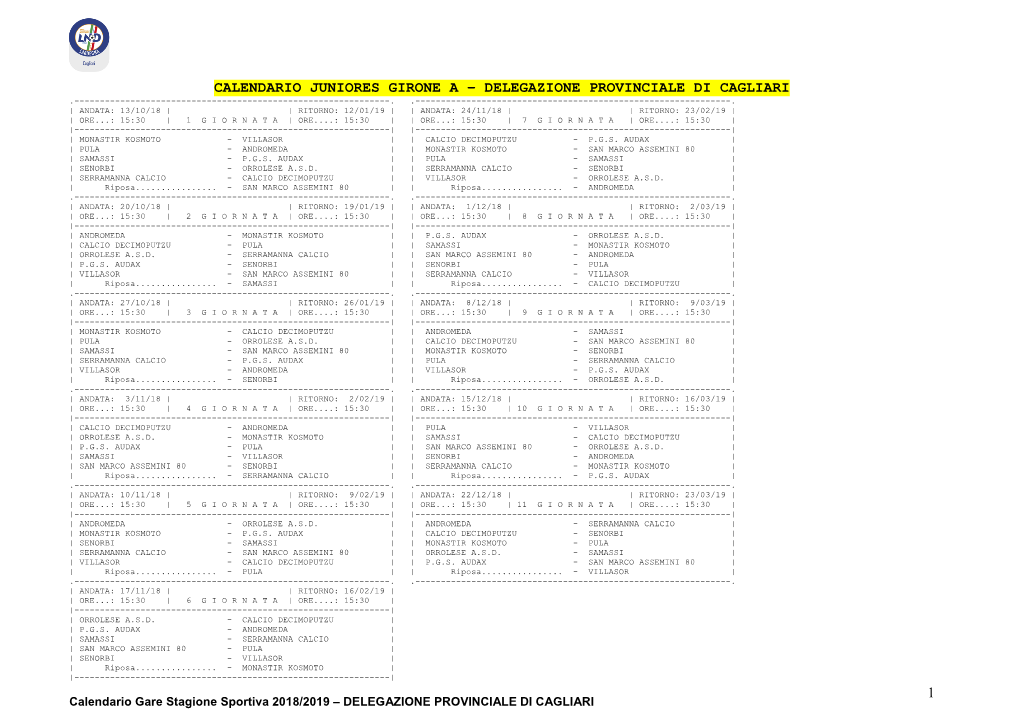 1 Calendario Juniores Girone a – Delegazione Provinciale