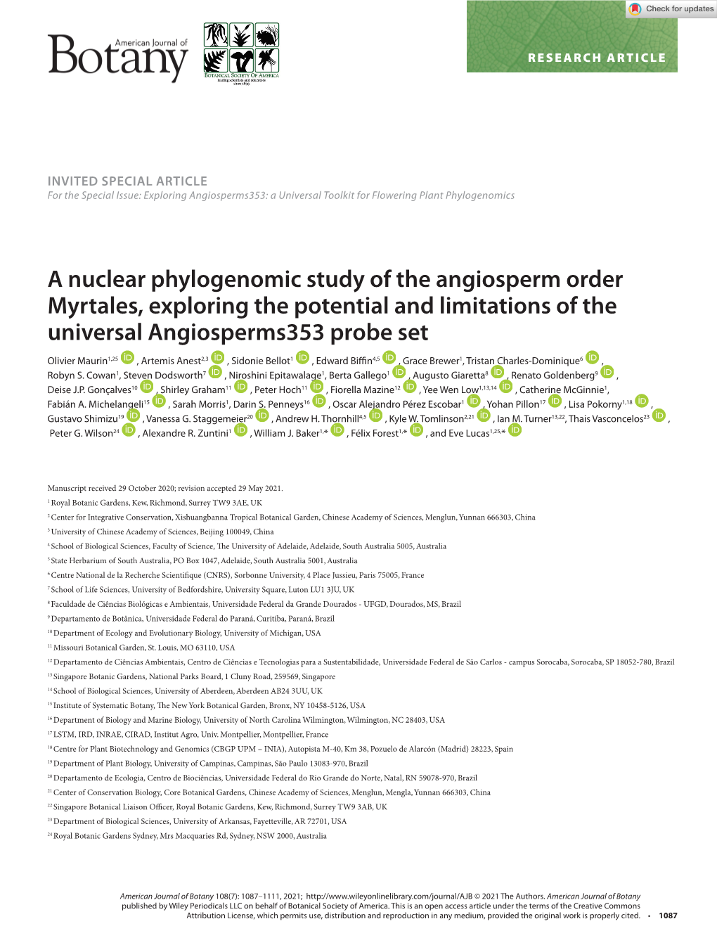 A Nuclear Phylogenomic Study of the Angiosperm Order Myrtales, Exploring the Potential and Limitations of the Universal Angiosperms353 Probe Set