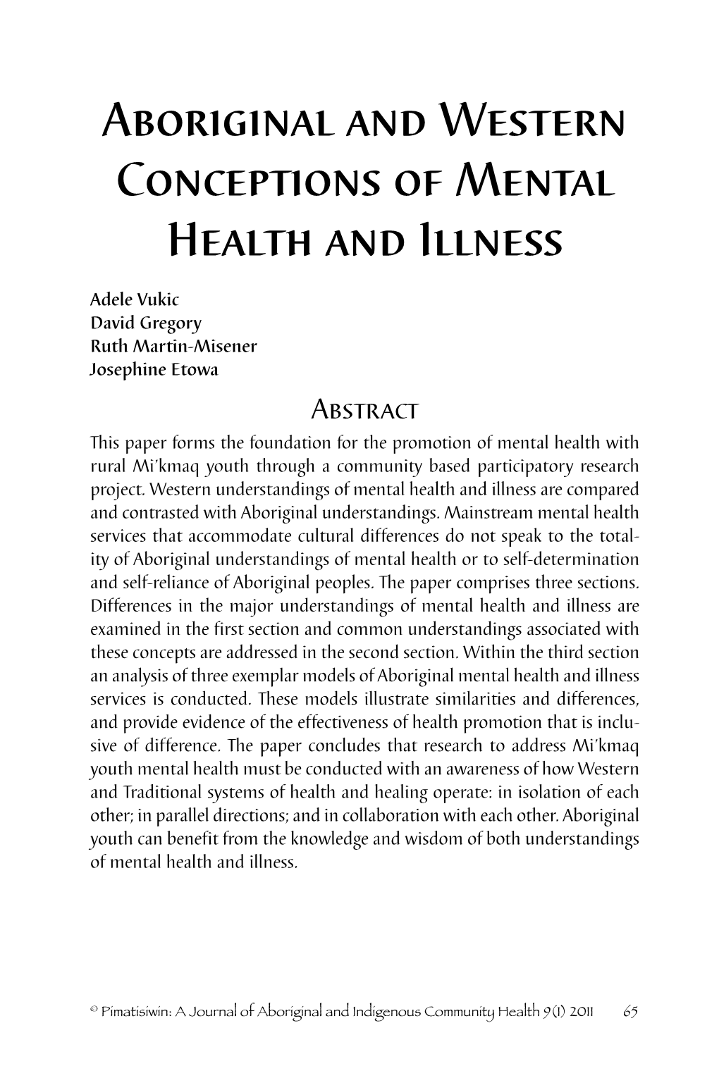 Aboriginal and Western Conceptions of Mental Health and Illness