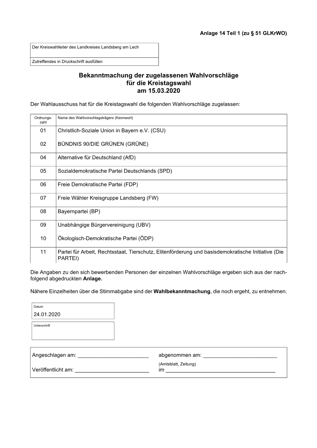 Bekanntmachung Der Zugelassenen Wahlvorschläge Für Die Kreistagswahl Am 15.03.2020