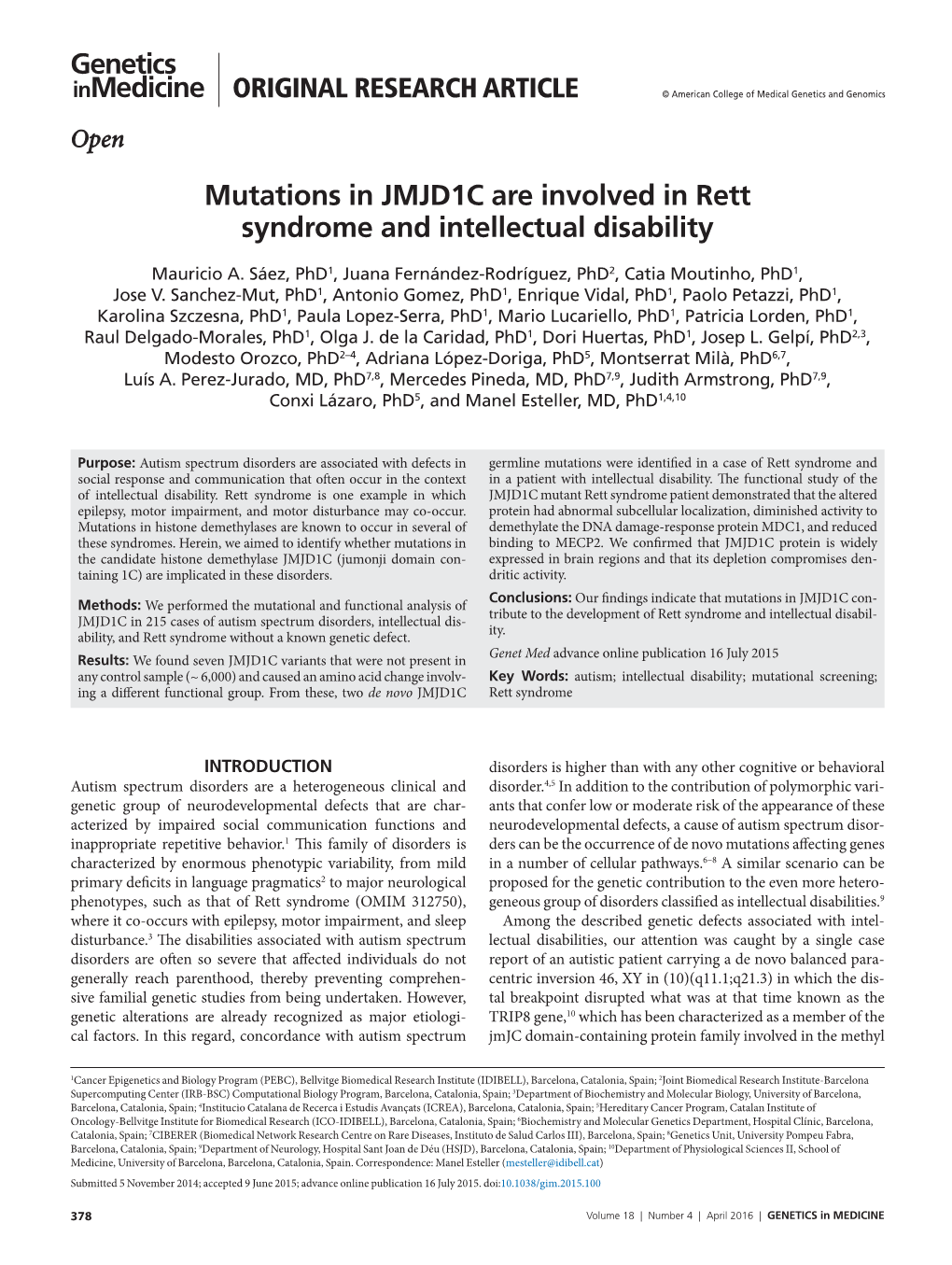 Mutations in JMJD1C Are Involved in Rett Syndrome and Intellectual Disability