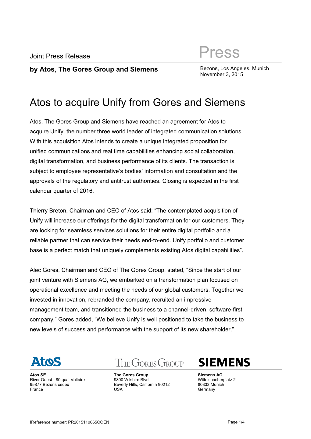 Atos to Acquire Unify from Gores and Siemens