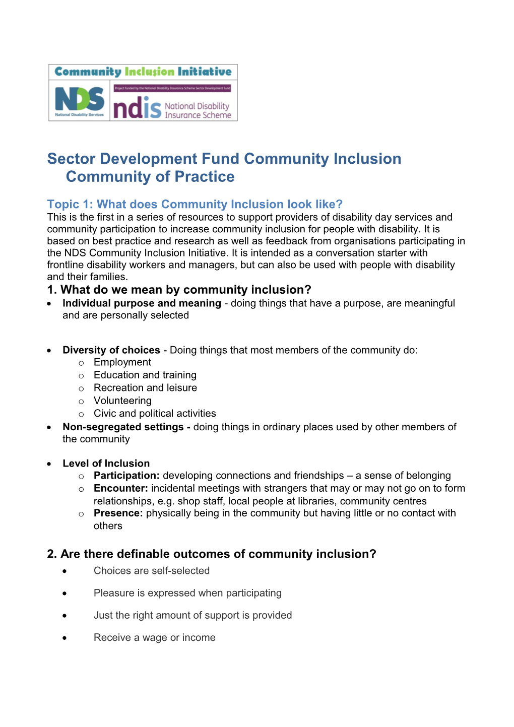 Sector Development Fund Community Inclusion Community of Practice