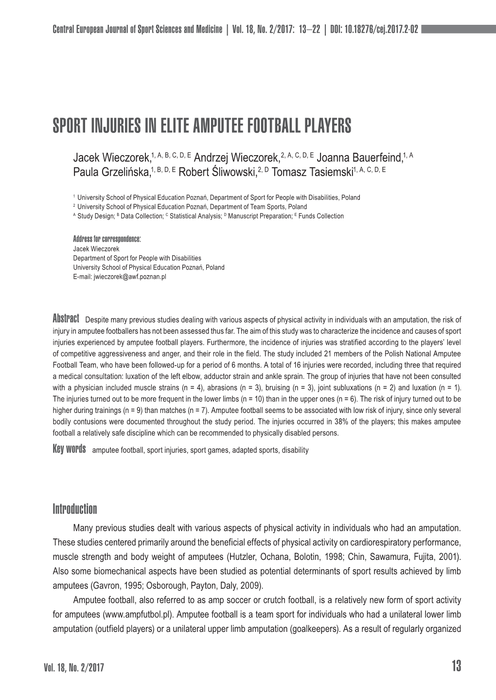 Sport Injuries in Elite Amputee Football Players