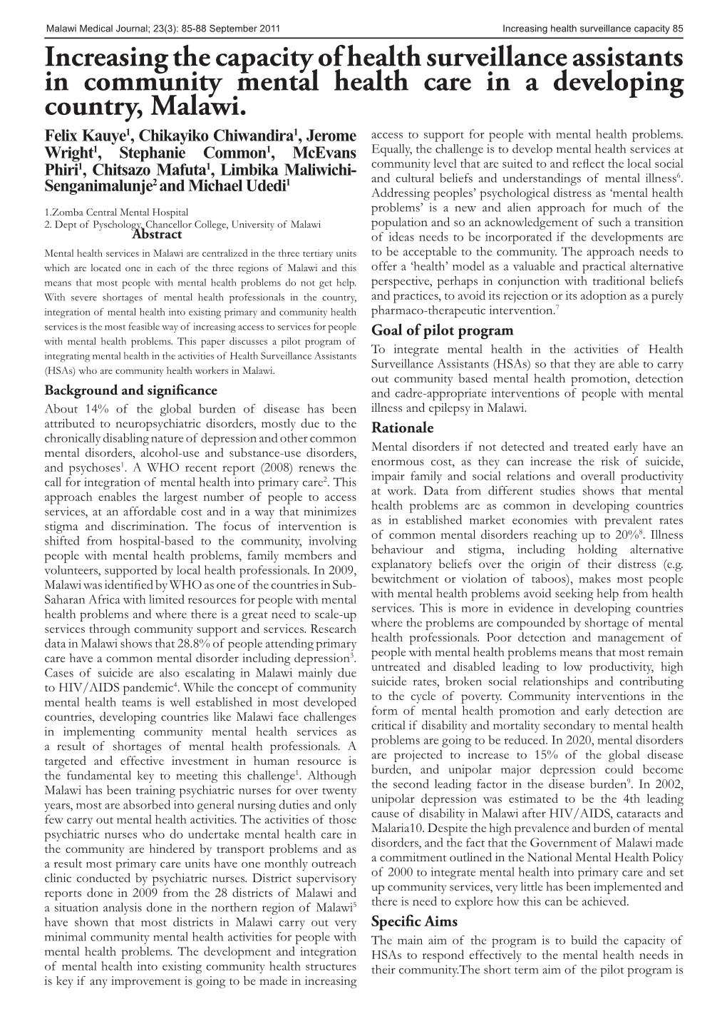 Increasing the Capacity of Health Surveillance Assistants in Community Mental Health Care in a Developing Country, Malawi