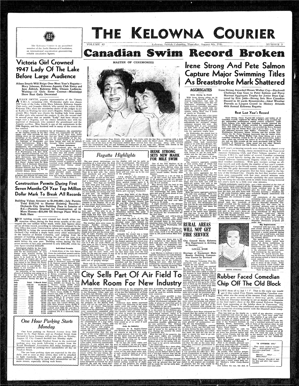 Canadian Swim Record Broken Victoria Girl Crowned MASTER of CEREMONIES Irene Strong a Nd Pete Salmon