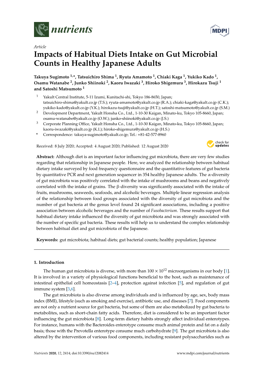 Impacts of Habitual Diets Intake on Gut Microbial Counts in Healthy Japanese Adults