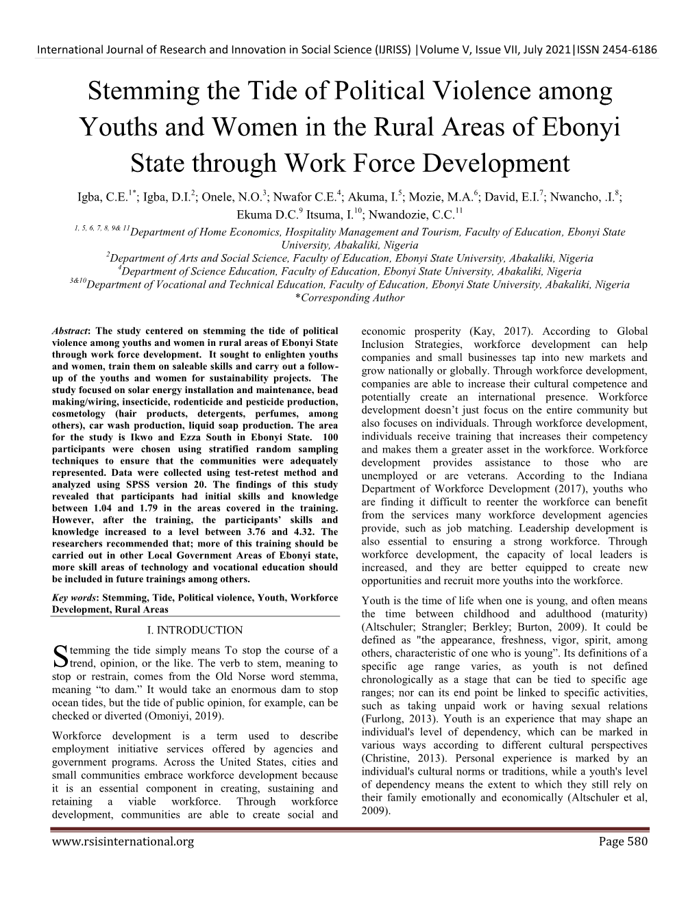 Stemming the Tide of Political Violence Among Youths and Women in the Rural Areas of Ebonyi State Through Work Force Development