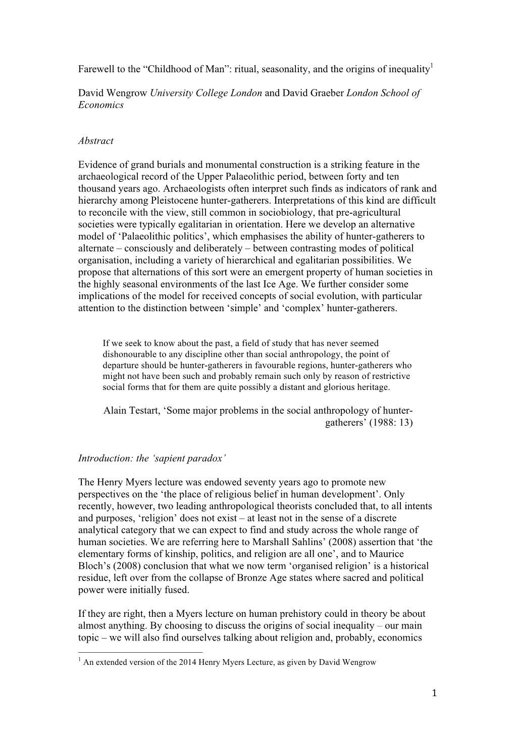 Ritual, Seasonality, and the Origins of Inequality1 David Wengrow