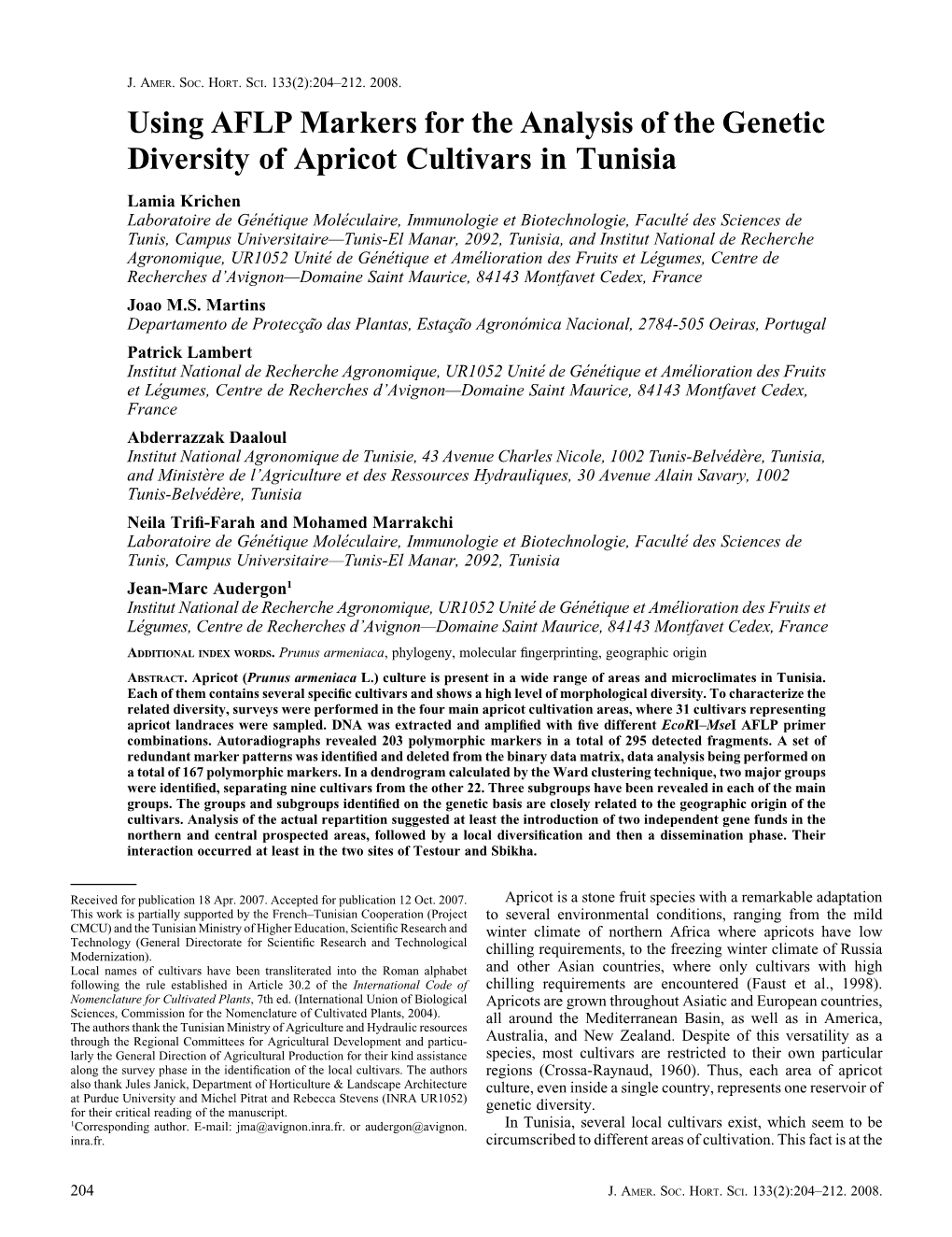 Using AFLP Markers for the Analysis of the Genetic Diversity of Apricot Cultivars in Tunisia