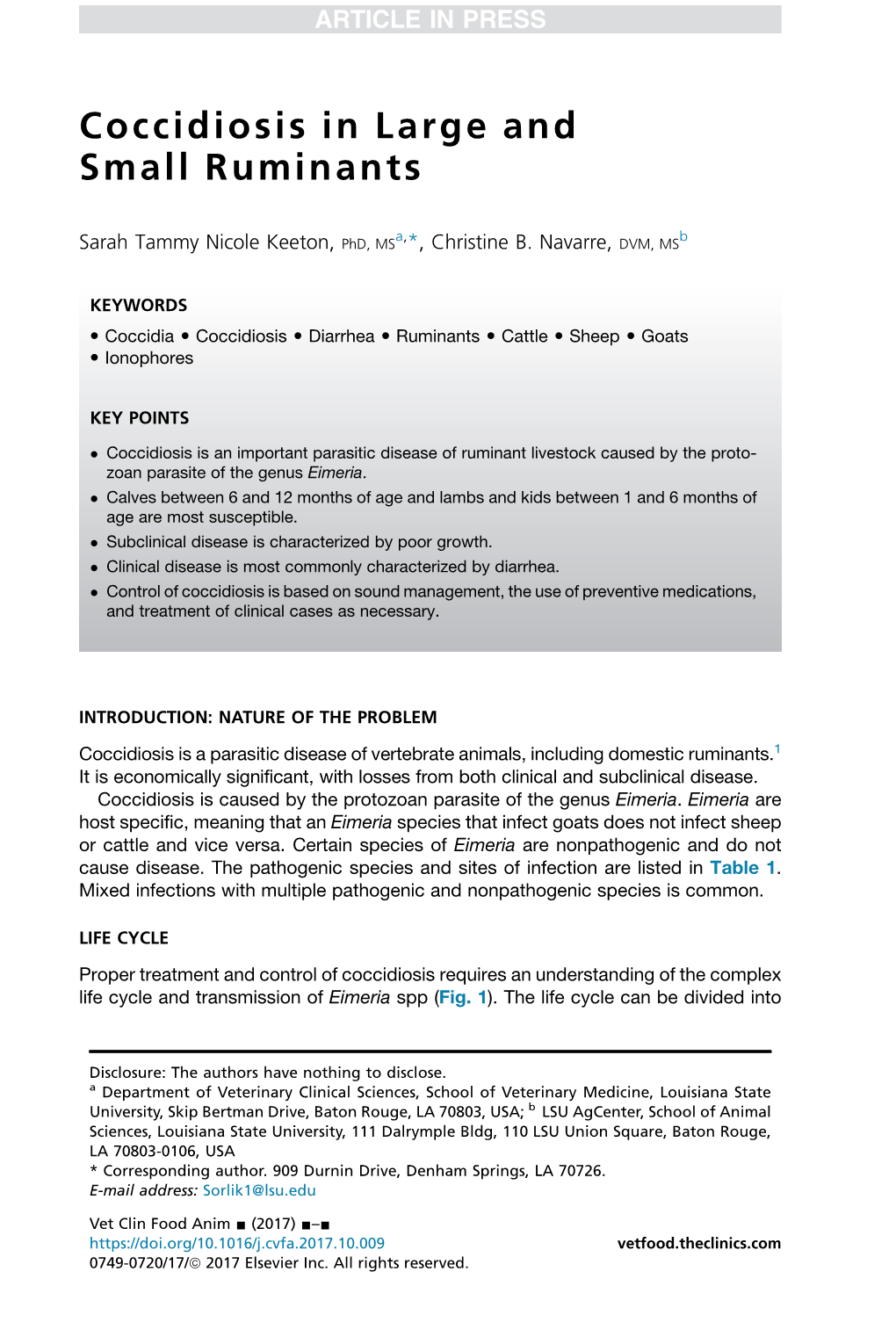 Coccidiosis in Large and Small Ruminants