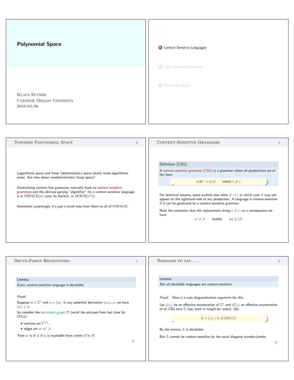 Polynomial Space 1 Context Sensitive Languages