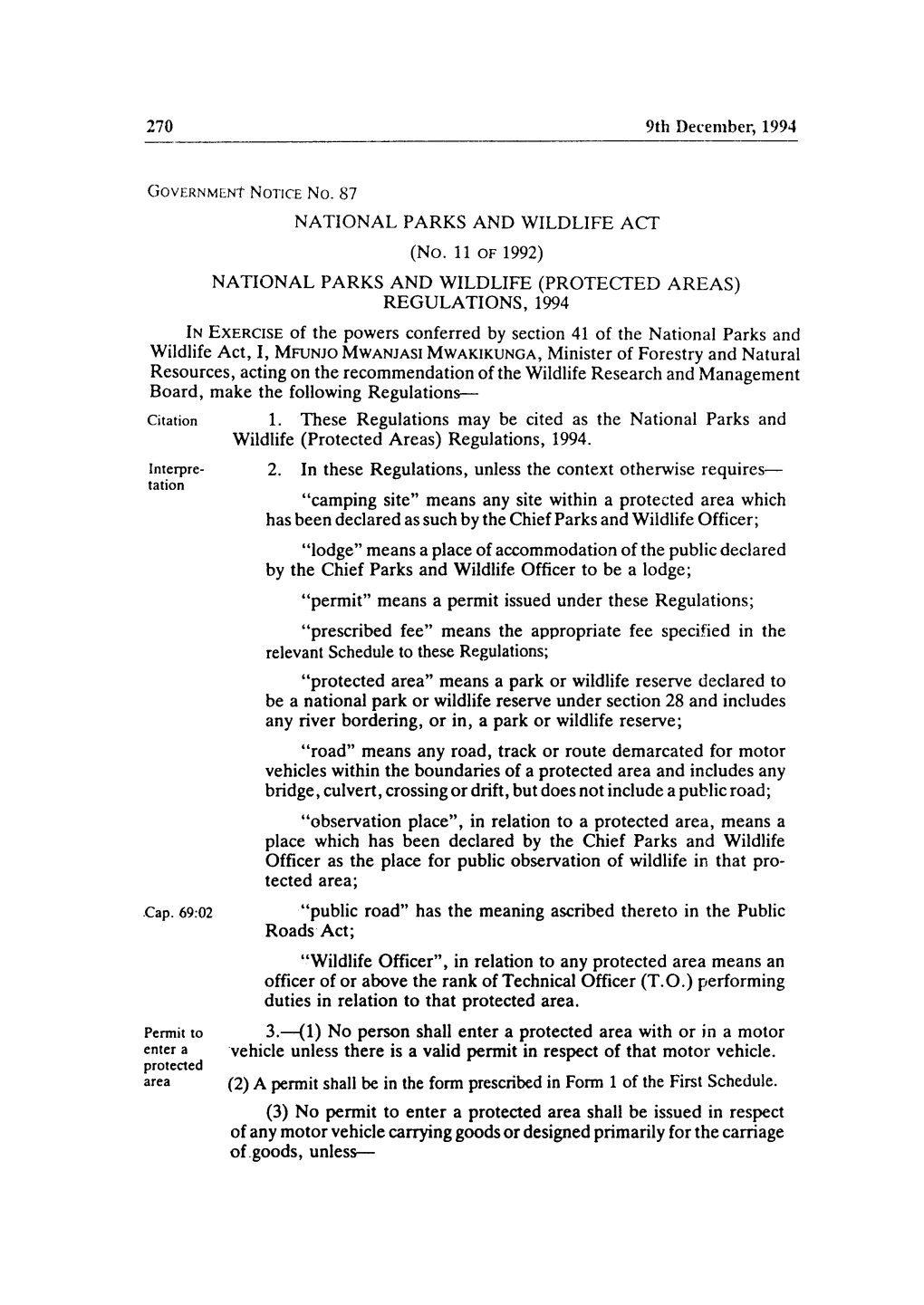 270 9Th December, 1994 NATIONAL PARKS and WILDLIFE ACT (No