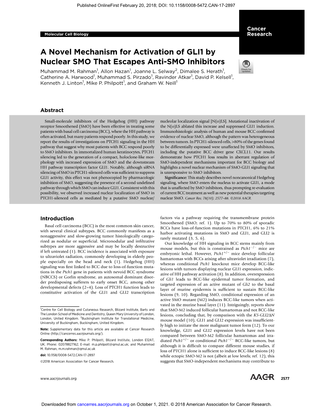 A Novel Mechanism for Activation of GLI1 by Nuclear SMO That Escapes Anti-SMO Inhibitors Muhammad M