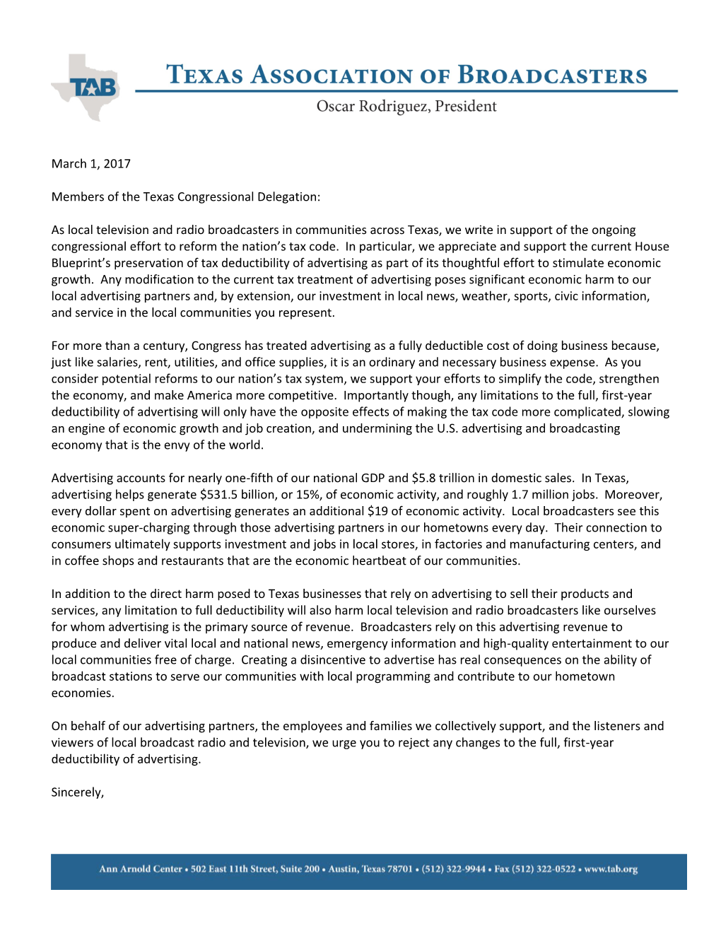 As Local Television and Radio Broadcasters in Communities Across Texas, We Write in Support of the Ongoing Congressional Effort to Reform the Nation’S Tax Code