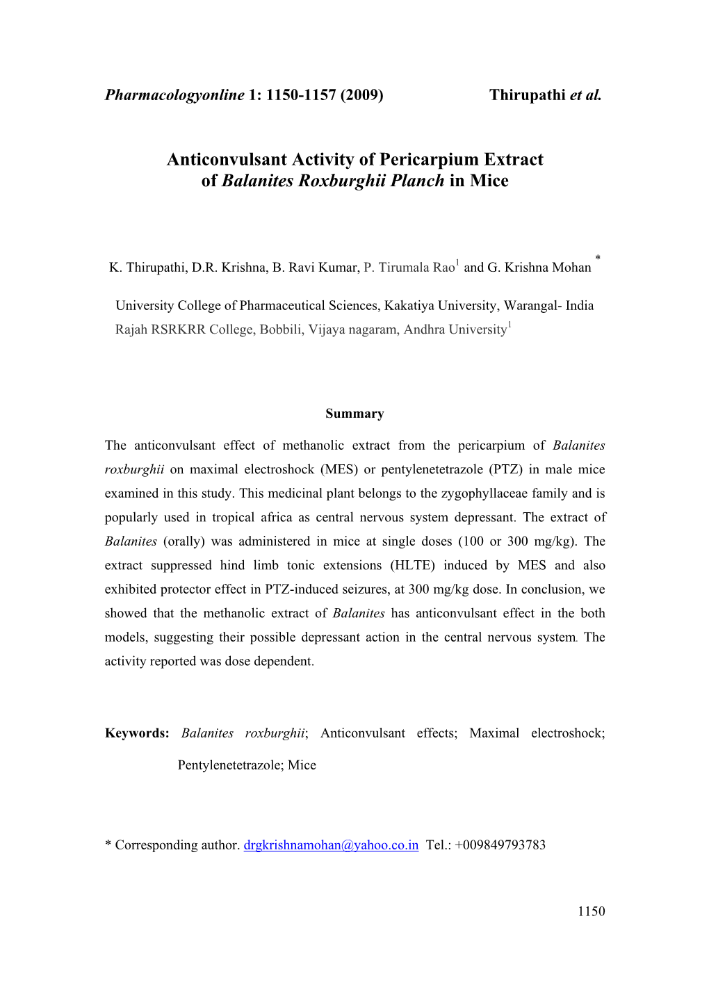 Anticonvulsant Activity of Pericarpium Extract of Balanites Roxburghii Planch in Mice