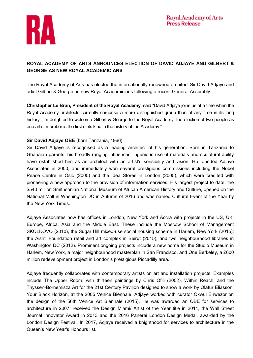 Royal Academy of Arts Announces Election of David Adjaye and Gilbert & George As New Royal Academicians