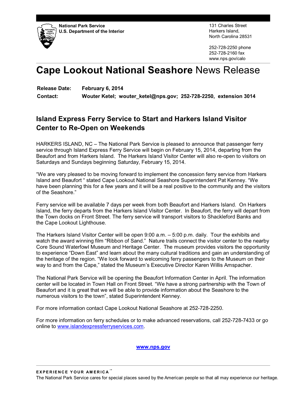 Cape Lookout National Seashore News Release