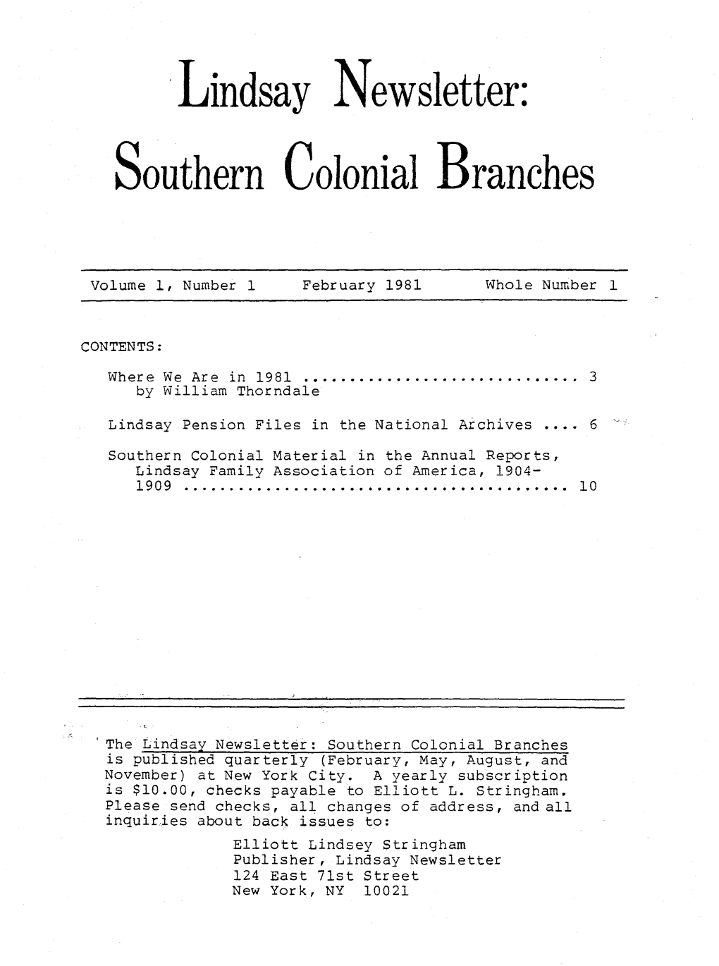 ·Lindsay Newsletter: Southern Colonial Branches