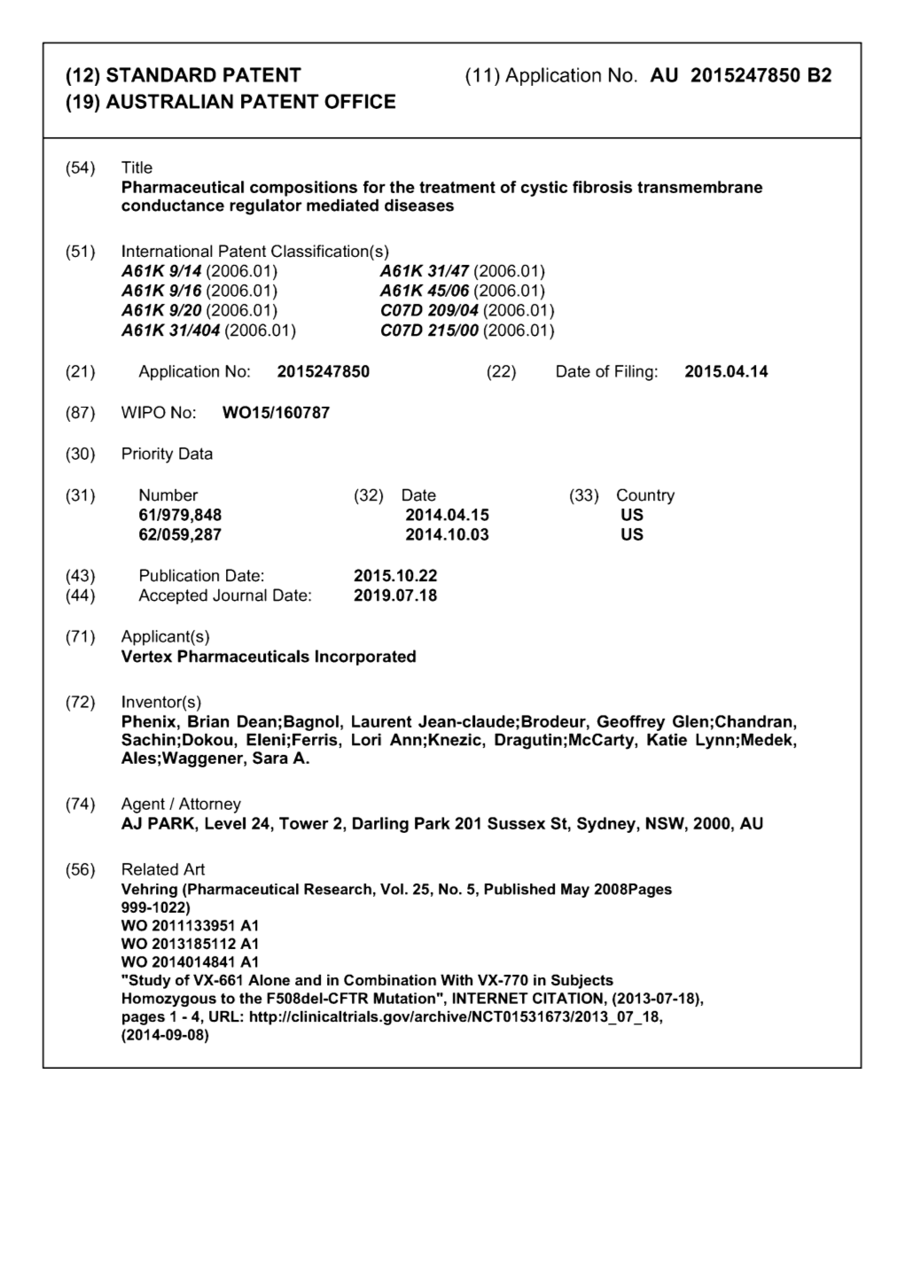 Application No. AU 2015247850 B2 (19) AUSTRALIAN PATENT OFFICE