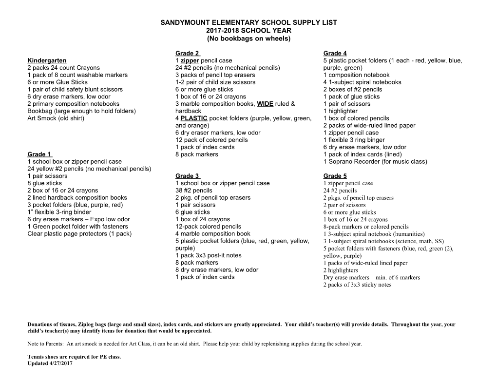 Sandymount Elementary School Supply List