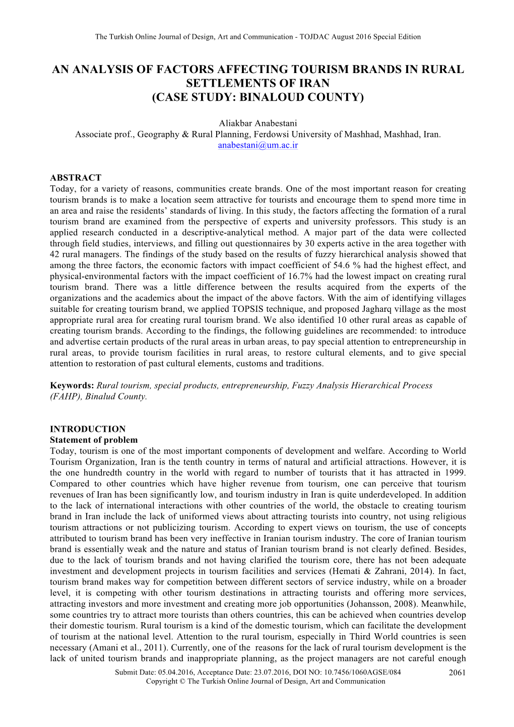 An Analysis of Factors Affecting Tourism Brands in Rural Settlements of Iran (Case Study: Binaloud County)