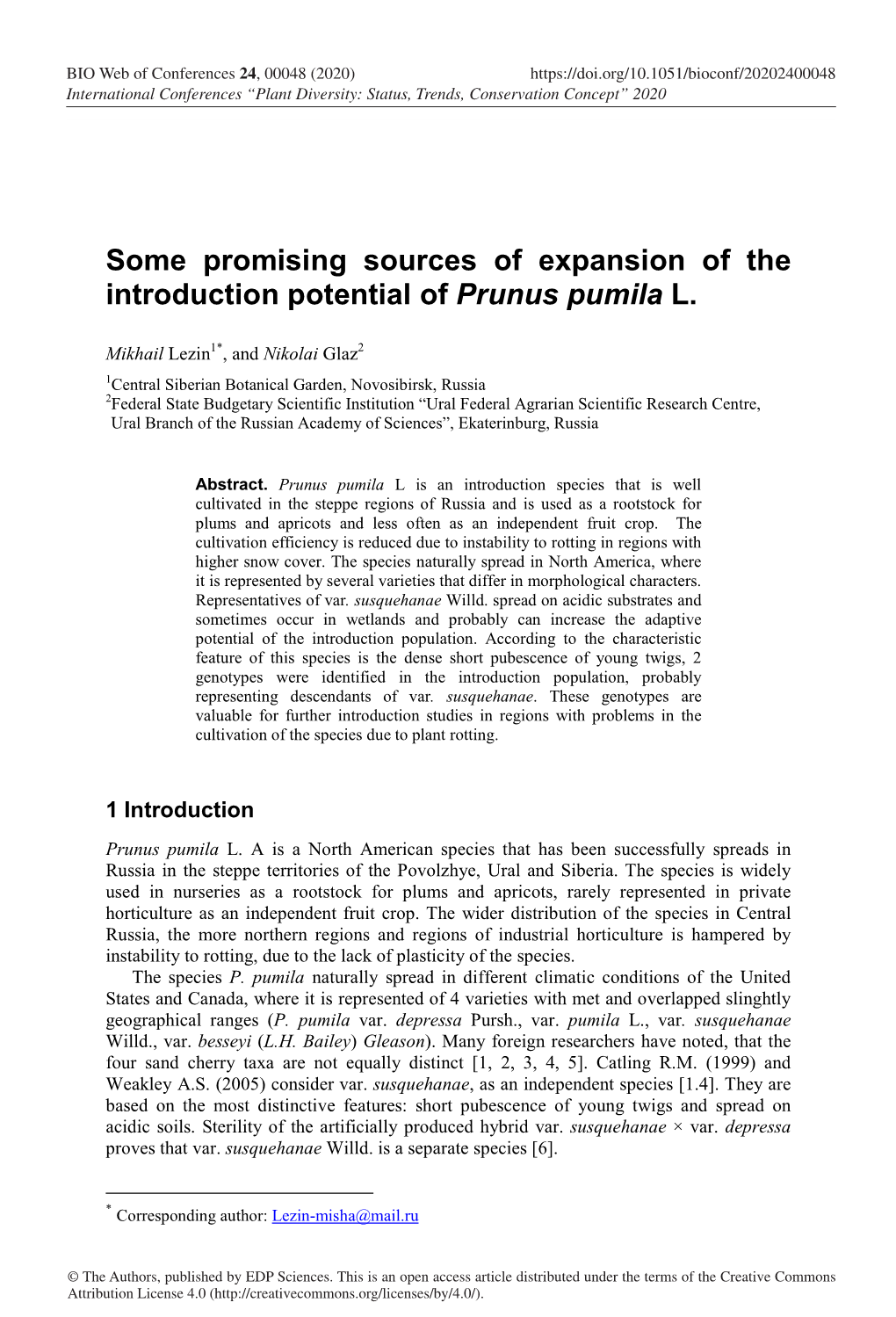 Some Promising Sources of Expansion of the Introduction Potential of Prunus Pumila L