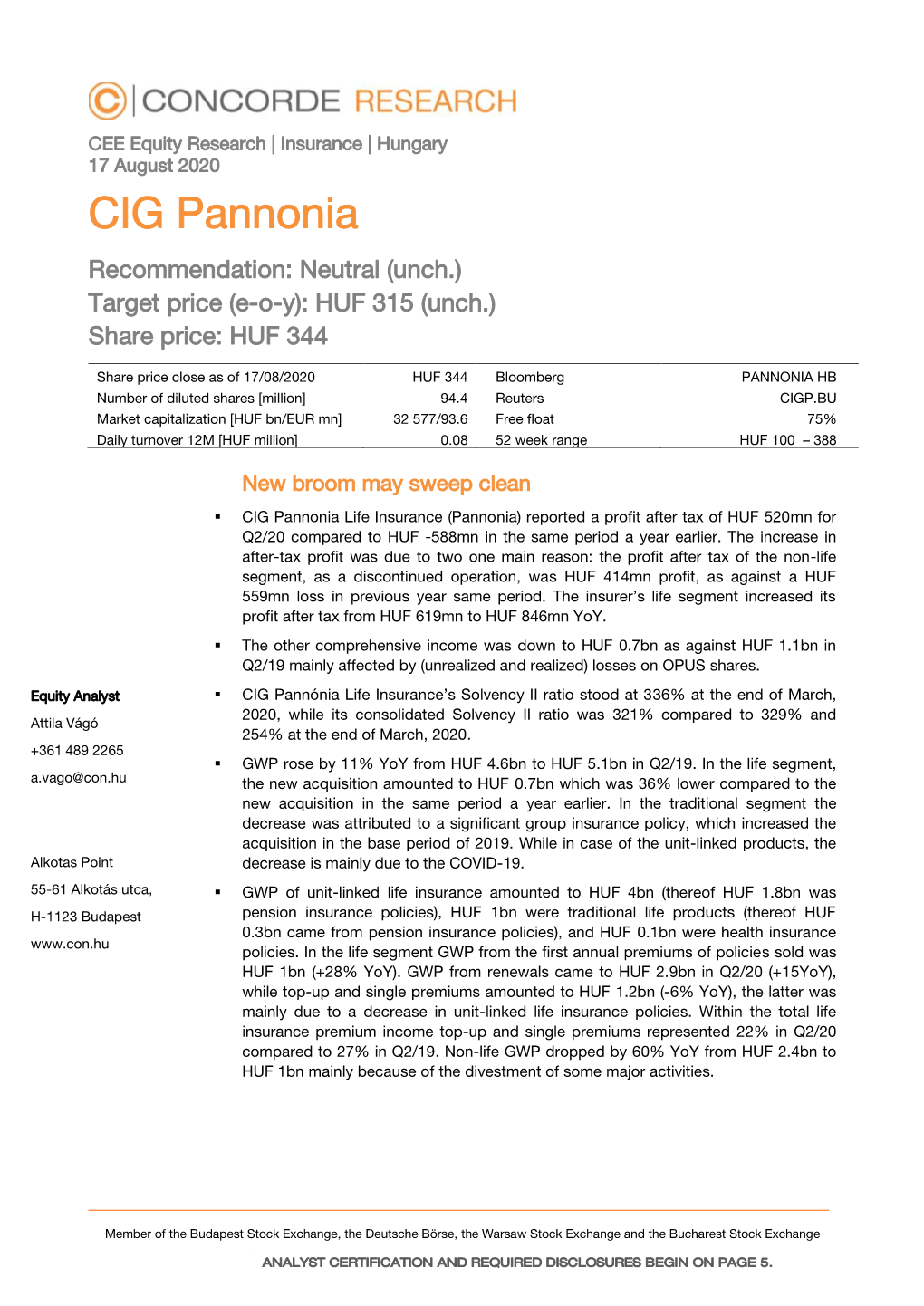 CIG Pannonia Recommendation: Neutral (Unch.) Target Price (E-O-Y): HUF 315 (Unch.) Share Price: HUF 344