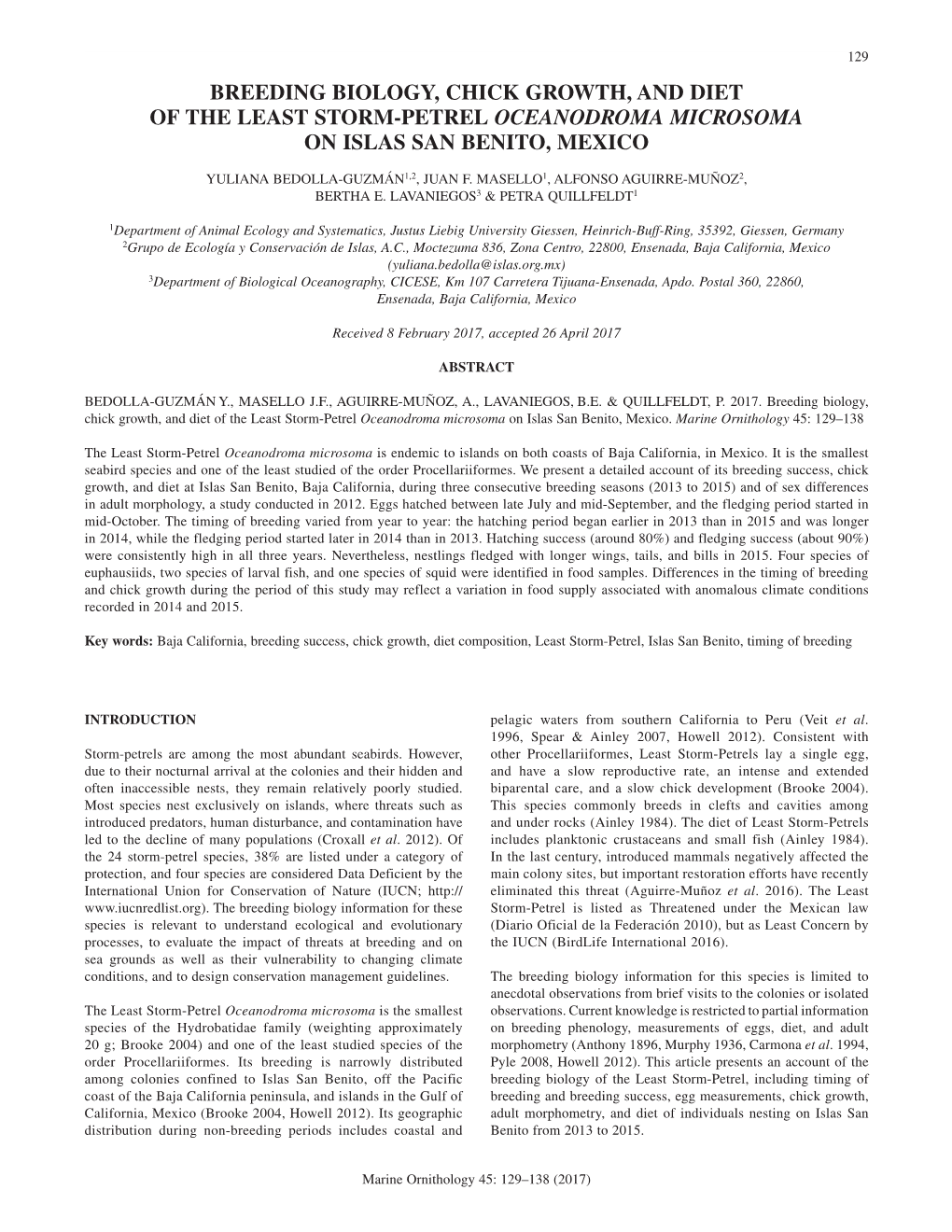 Breeding Biology, Chick Growth, and Diet of the Least Storm-Petrel Oceanodroma Microsoma on Islas San Benito, Mexico